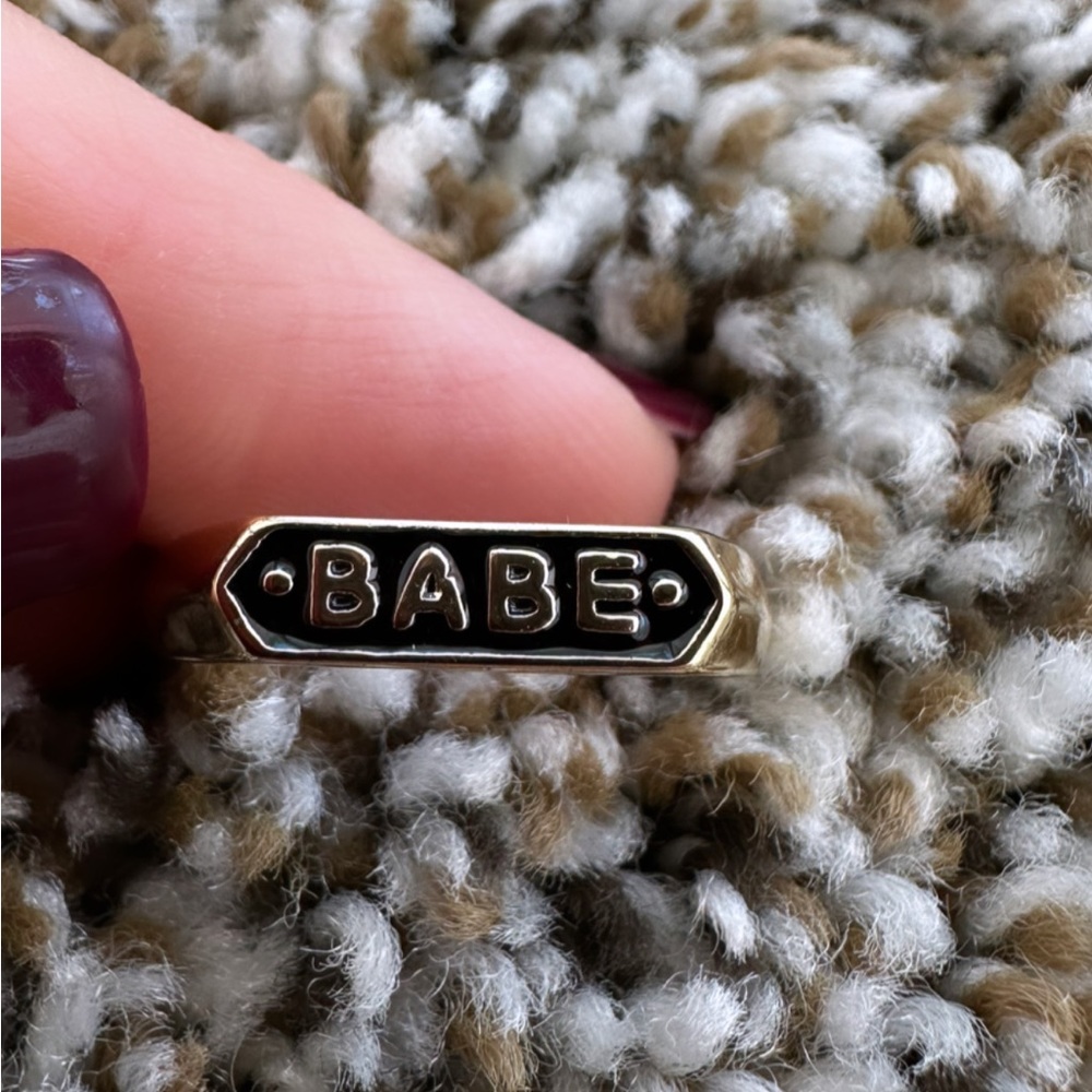 ‘Babe’ black enamel ring gold plated size 8
